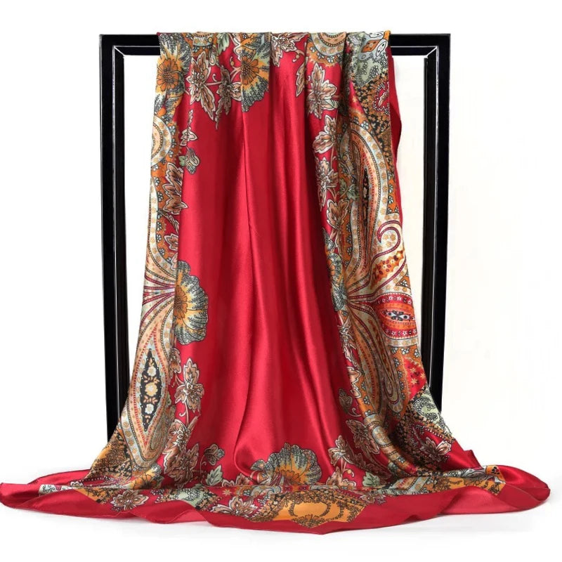 Lenço Quadrado Feminino 90x90cm – Cetim Toque de Seda, Estampado Fashion, Echarpe/Scarf/ Bandana de Luxo