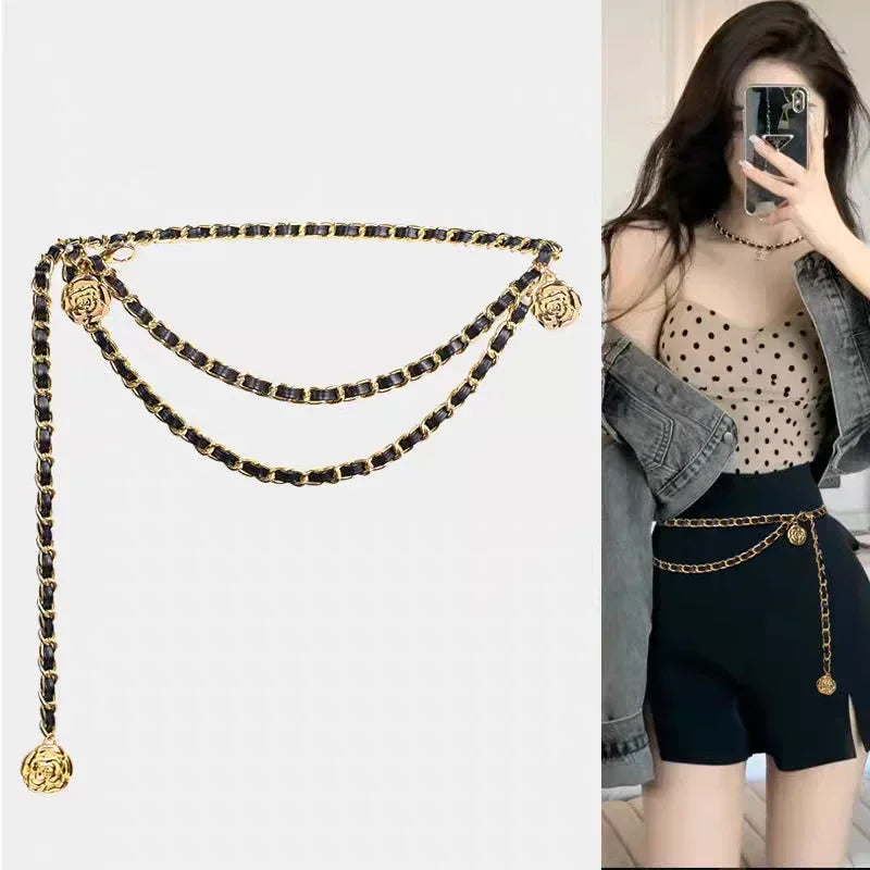 Cinto Corrente Feminino com Pingente de Flor – Acessório de Cintura Elegante para Vestidos e Camisas