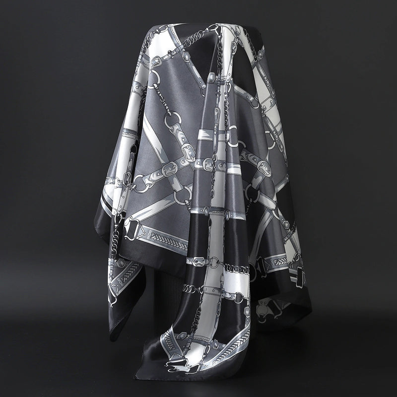 Lenço Feminino Luxo Seda Twill 90x90cm – Estampa Cinto Fashion, Lenço Quadrado, Bandana/Foulard/Echarpe