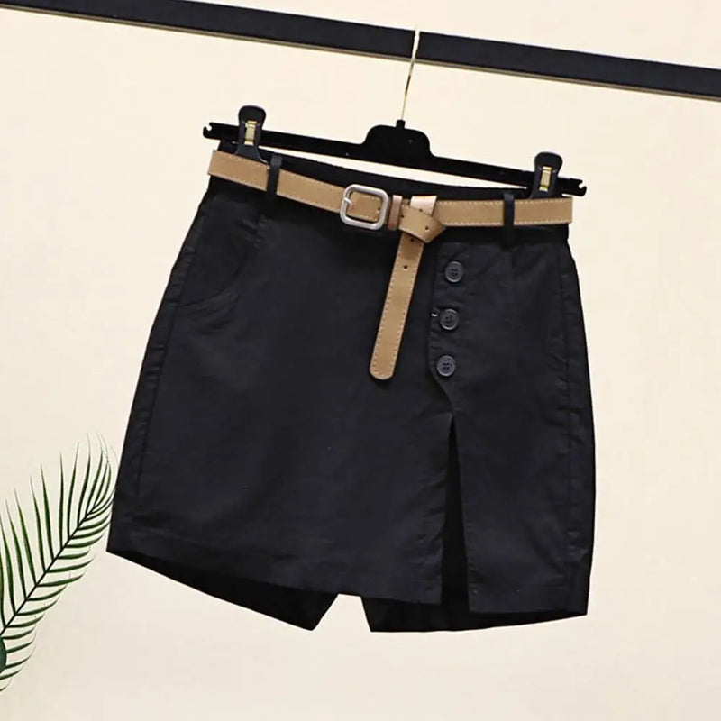 Shorts Feminino Falso Dois Peças – Cintura Alta, Botões Decorativos e Fenda Lateral