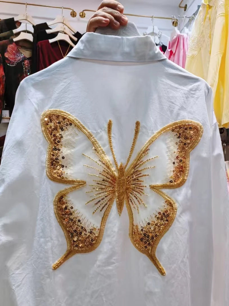 Blusa Feminina Branca em Algodão com Bordado de Borboletas e Paetês – Estilo Luxo 2026