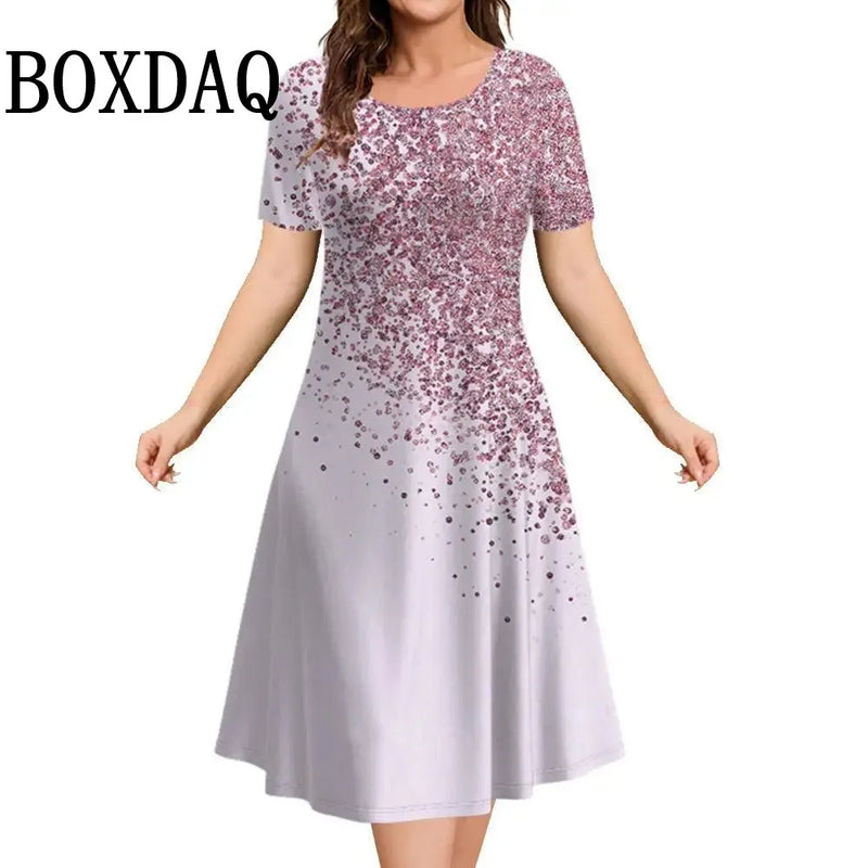 Vestido feminino solto, estilo A-line, com estampa 3D tie-dye em degradê. Possui decote O-neck e mangas curtas, oferecendo conforto e leveza para o verão. Ideal para passeios, festas ou looks casuais, disponível em tamanho plus size até 9XL.