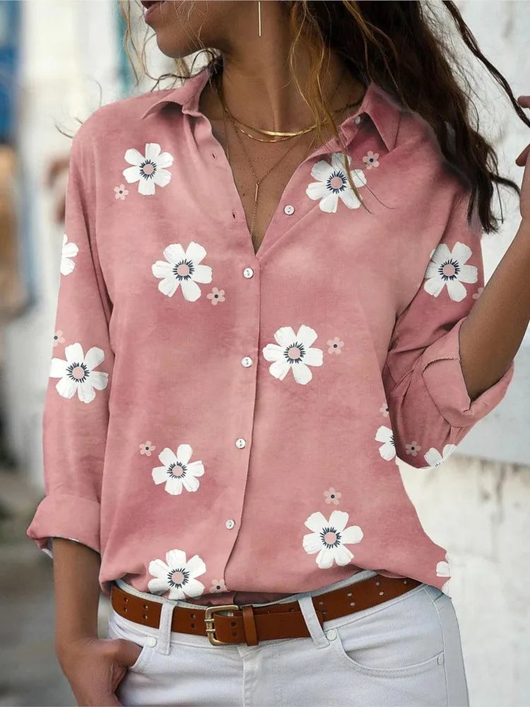 Camisa feminina leve e confortável para primavera e verão, com estampa floral, gola lapela e mangas longas. Modelo slim fit com botões frontais, ideal para looks casuais elegantes, trabalho ou passeios diários.