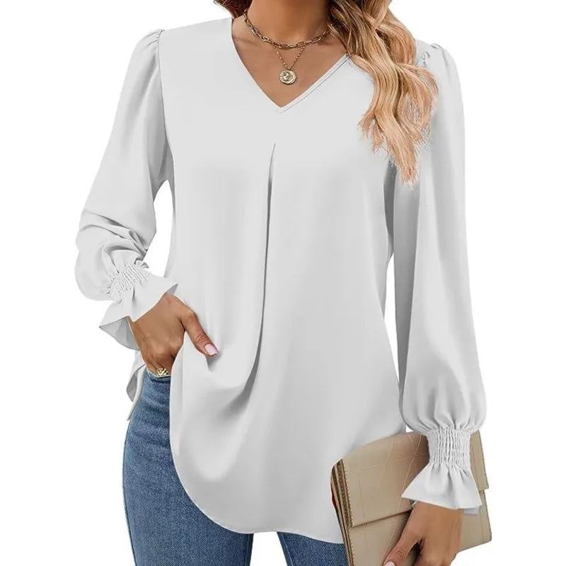 Blusa Feminina de Chiffon – Manga Longa Flare – Decote V – Office Lady Elegante