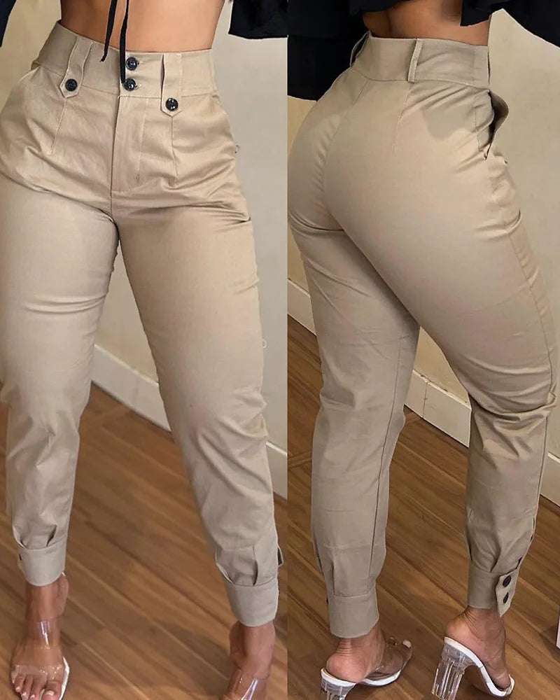 Calça Feminina Casual 2025 – Primavera/Verão, Khaki, Cintura Alta, Bolso, Versátil, Estilo Urbano e Elegante