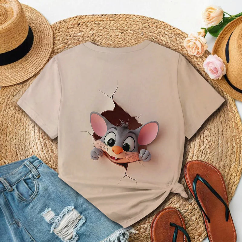 Camiseta Feminina de Verão – Estilo Fofo com Estampa de Ratinho, Manga Curta, Casual e Fashion
