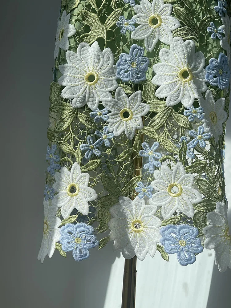 Saia Lápis Feminina JIAMI – Renda Bordada Floral, Verde, Comprimento ao Joelho, A-line, Vintage, Elegante