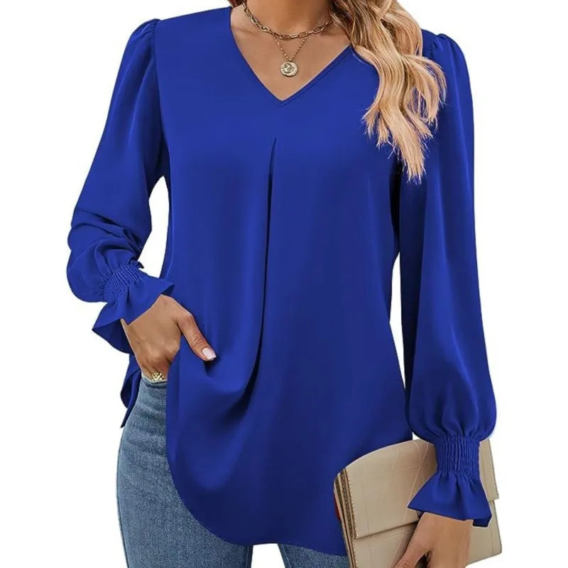 Blusa Feminina de Chiffon – Manga Longa Flare – Decote V – Office Lady Elegante