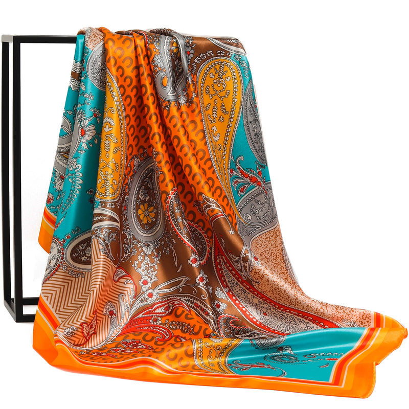 Lenço Quadrado Feminino 90x90cm – Cetim Toque de Seda, Estampado Fashion, Echarpe/Scarf/ Bandana de Luxo