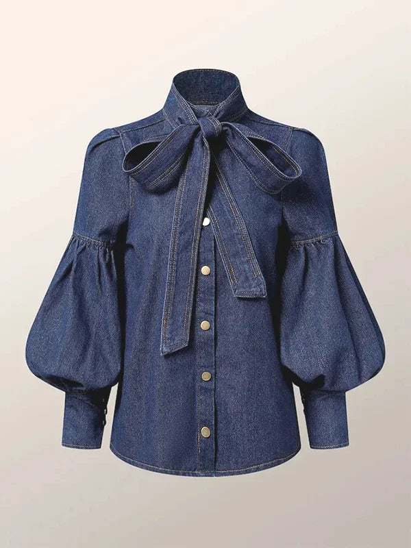 Blusa Feminina Outono Denim Imitation com Laço e Manga Bufante