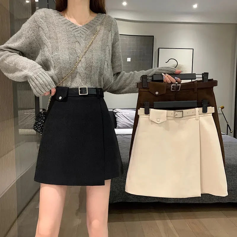 Saia A-Line Feminina com Cinto – Outono/Inverno, Cintura Alta, Preta