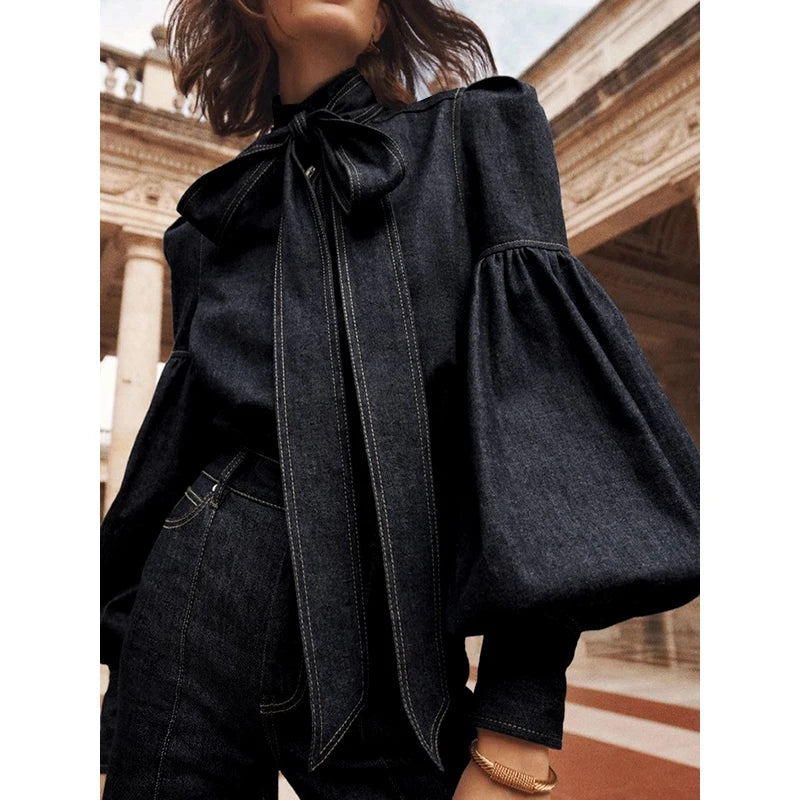 Blusa Feminina Outono Denim Imitation com Laço e Manga Bufante