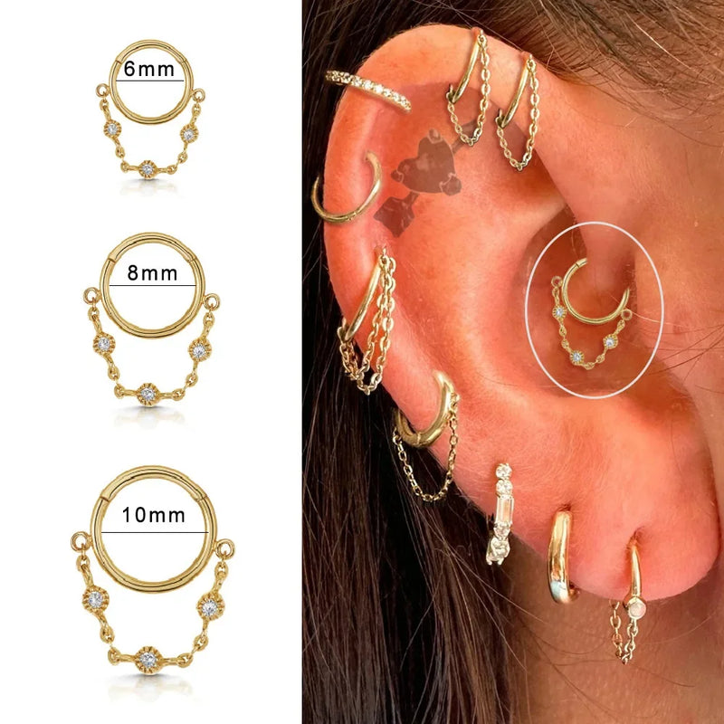 Brincos Femininos de Aço Titânio – Argola com Pingente e Tassel em Zircônia para Cartilagem