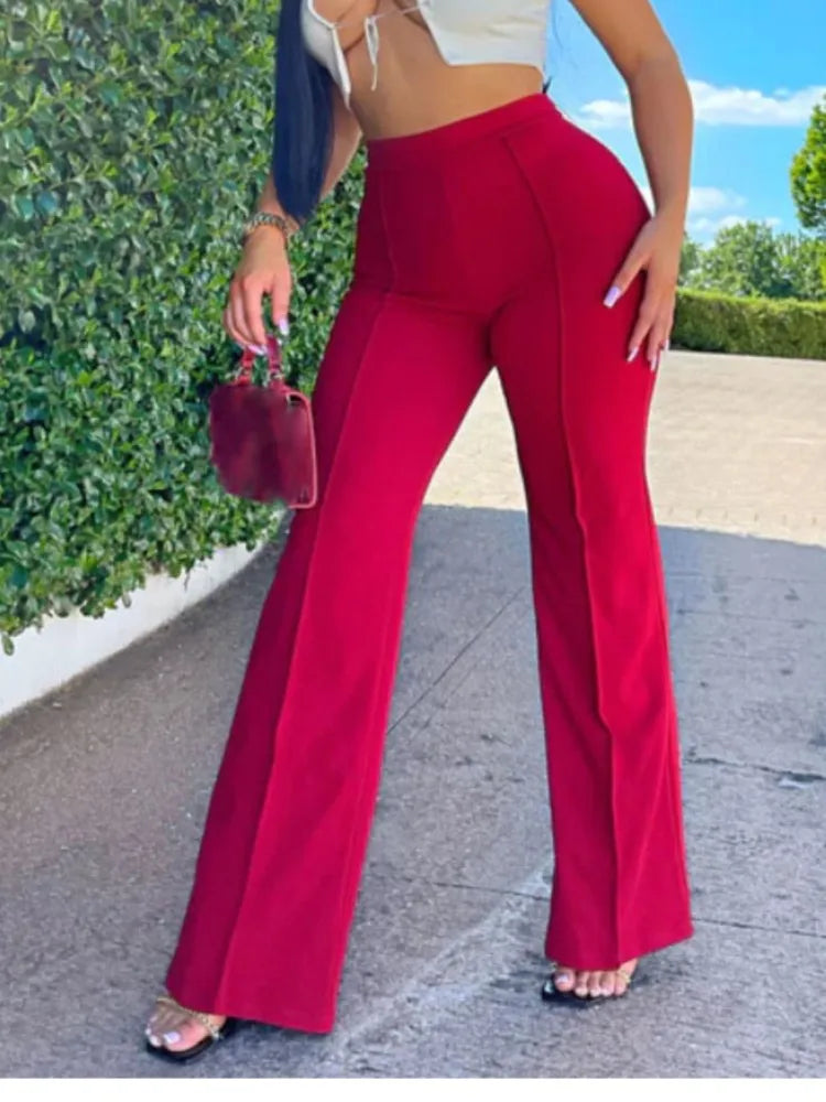 Calça Feminina Casual – Cintura Alta, Pernas Flare, Office Elegante, Longa, Primavera/Verão, Moda Feminina