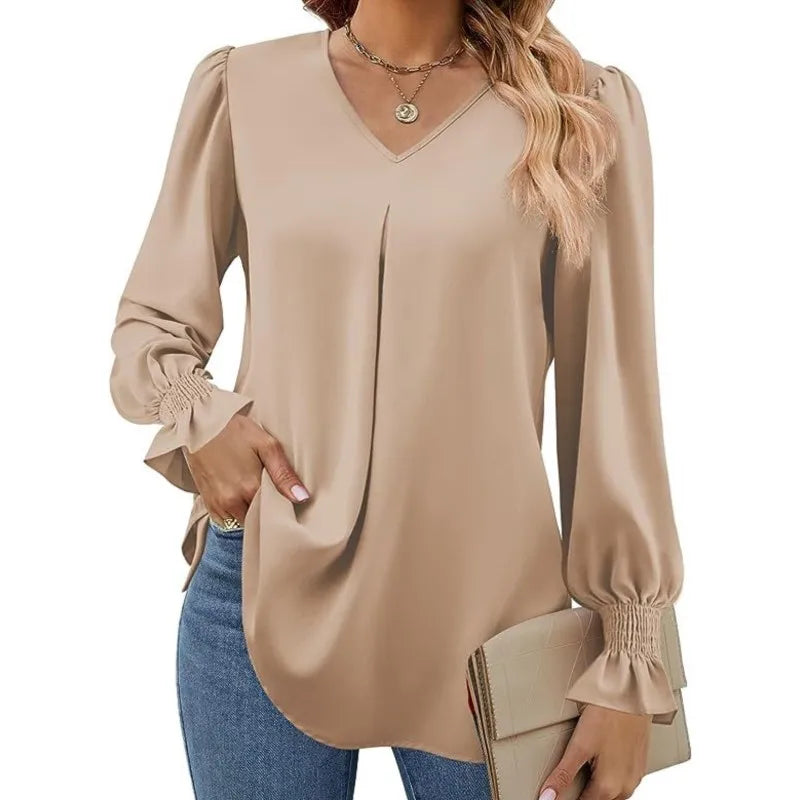 Blusa Feminina de Chiffon – Manga Longa Flare – Decote V – Office Lady Elegante