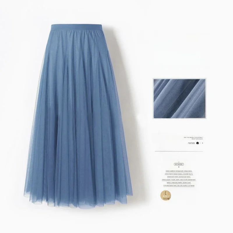 Saia Midi A-Line de Cintura Alta para Mulheres – Saia Rodada em Tule, Casual e Versátil