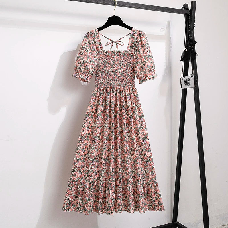 Vestido Feminino Chiffon Primavera Verão – Manga Curta, Cintura Elástica e Saia Plissada