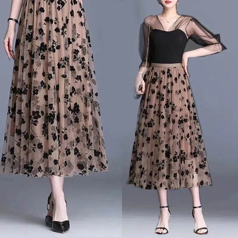 Saia de Gaze Floral – Estilo Meia Fada, Primavera/Verão