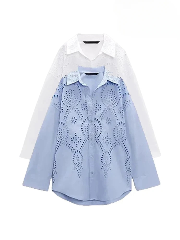 Blusa Feminina de Verão com Bordado Vazado e Gola Lapela – Manga Longa, Botões Frontais