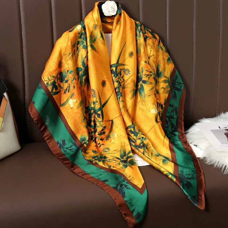 Lenço Grande de Seda 110cm – Echarpe Feminina Estampada, Hijab, Bandana, Foulard e Acessório de Praia