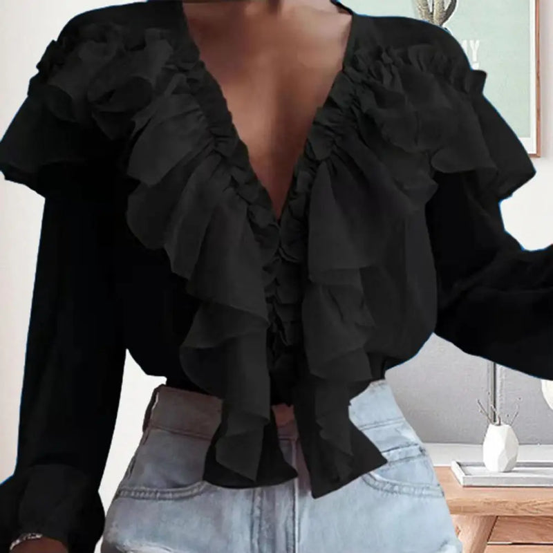 Blusa Feminina 2024 – Gola com Babados Estilo Francês, Manga Longa