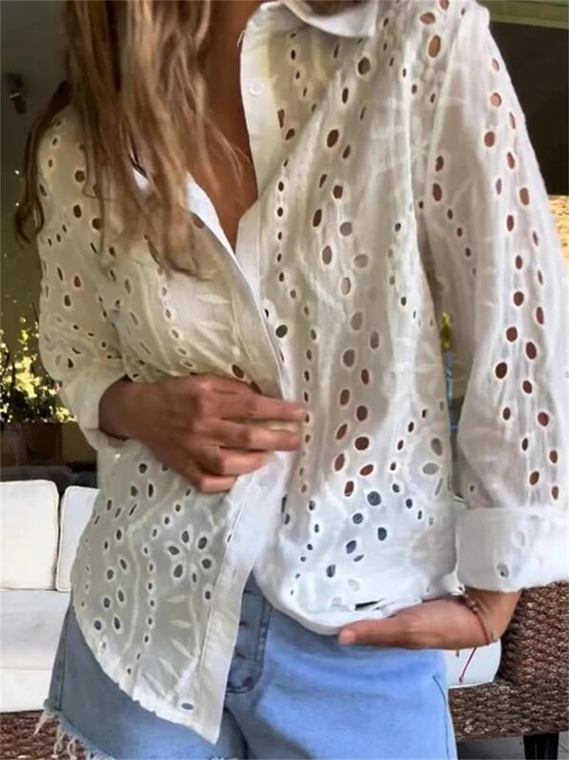 Blusa Feminina Fashion Primavera/Outono – Bordada, Vazada, Gola Clássica