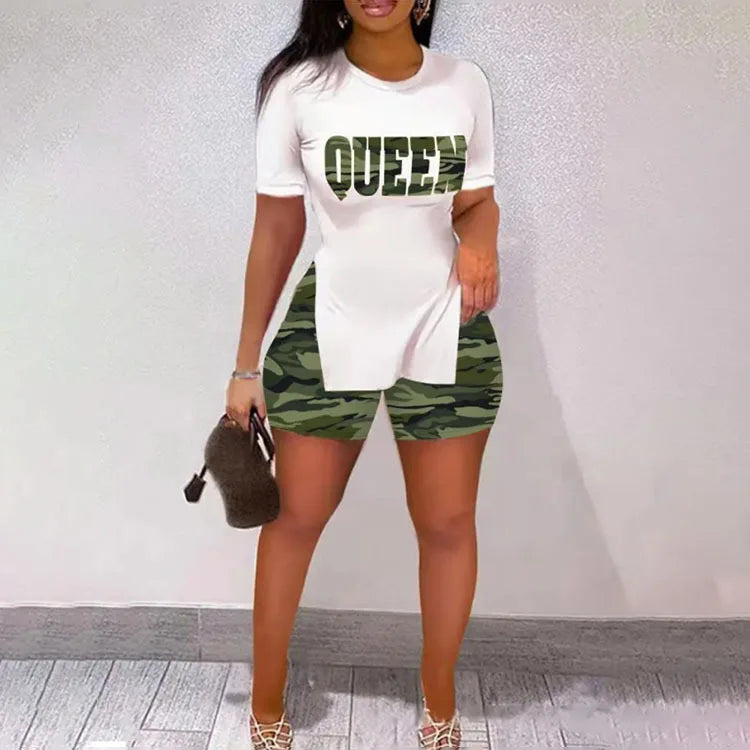 Conjunto Feminino Casual de Verão – T-Shirt Slim de Manga Curta + Shorts Estampados, Conjunto 2 Peças com Shorts Estreitos Estilo Leopardo