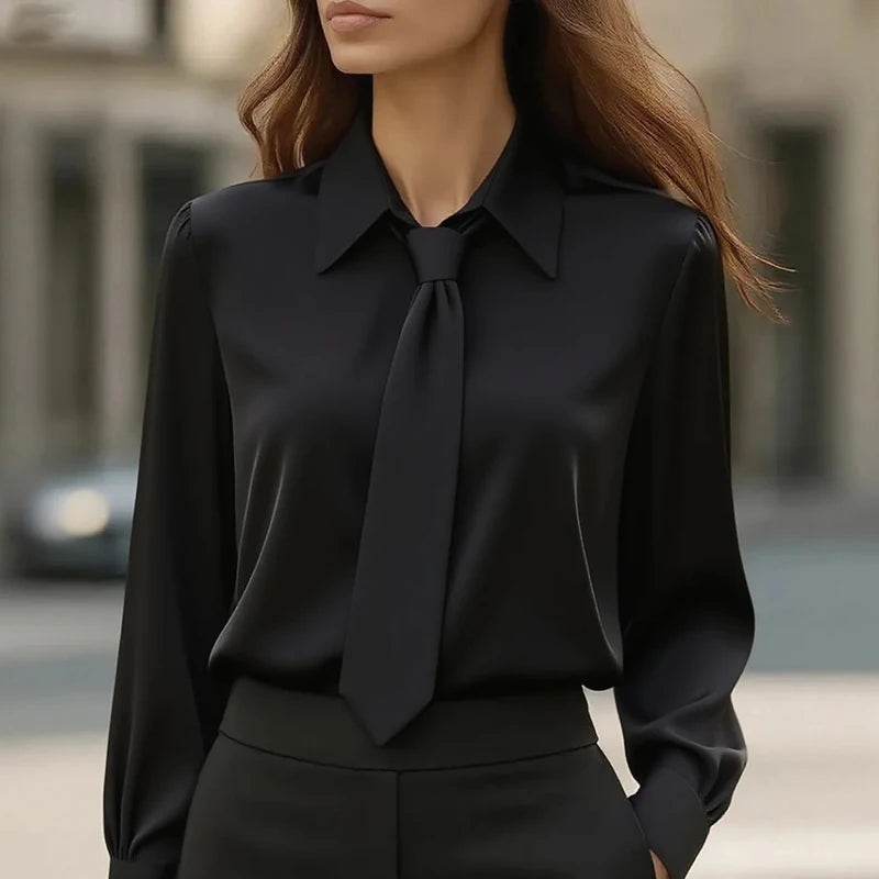 Blusa Feminina Elegante 2025 – Manga Longa com Laço, Moda Escritório