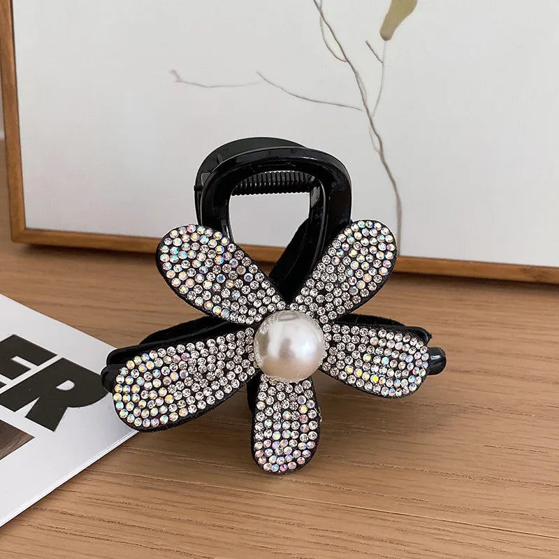 Clipes de Cabelo Koreanos com Strass – Presilha Elegante Preta para Mulheres e Pôneis
