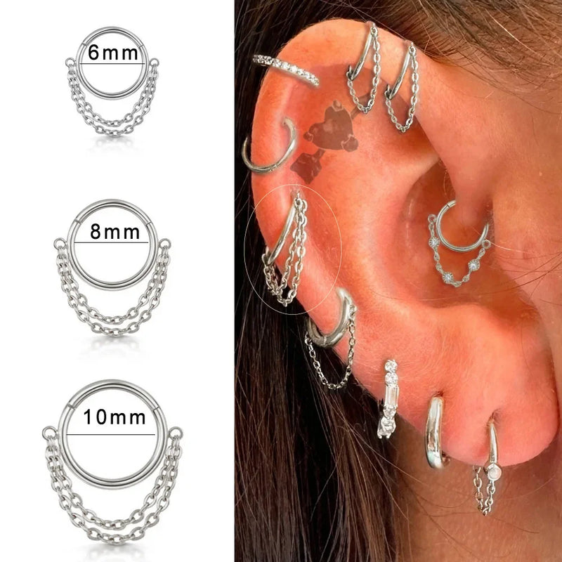 Brincos Femininos de Aço Titânio – Argola com Pingente e Tassel em Zircônia para Cartilagem
