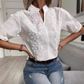Blusa Feminina de Renda Bordada com Gola Alta – Verão 2026, Poliéster, Elegante e Fashion