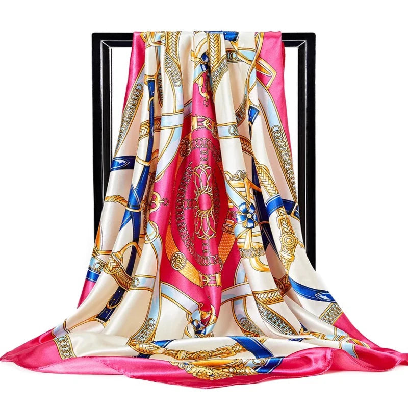 Lenço Quadrado Feminino 90x90cm – Cetim Toque de Seda, Estampado Fashion, Echarpe/Scarf/ Bandana de Luxo