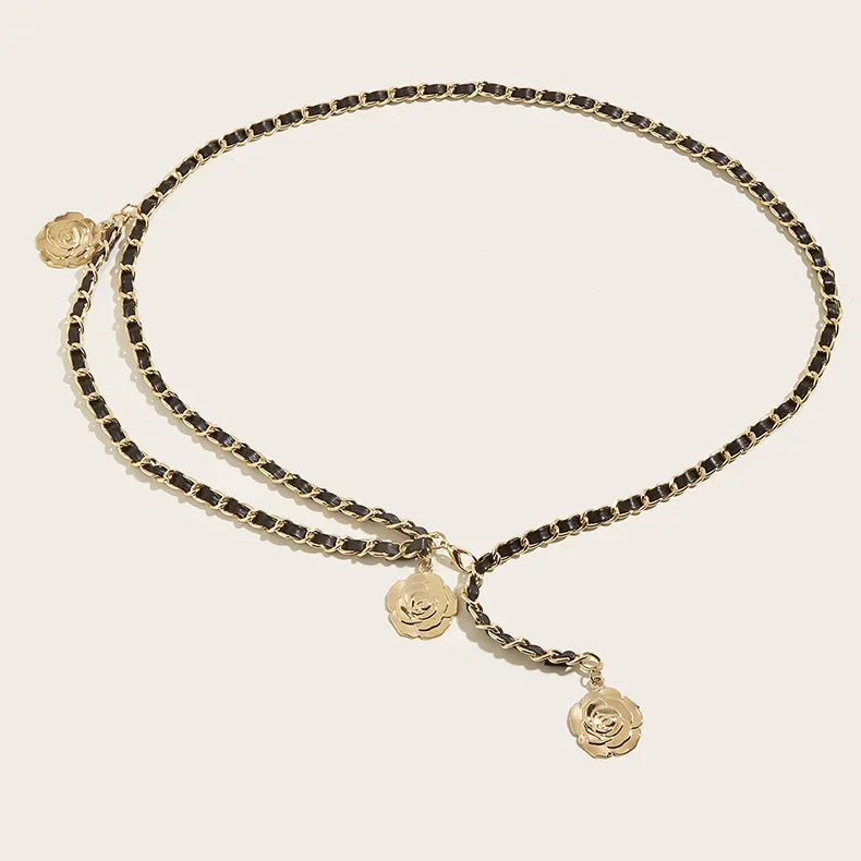 Cinto Corrente Feminino com Pingente de Flor – Acessório de Cintura Elegante para Vestidos e Camisas