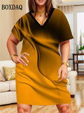 Vestido feminino leve e elegante, ideal para o verão. Com mangas curtas, decote em V e caimento solto, este vestido degrade combina conforto e estilo.