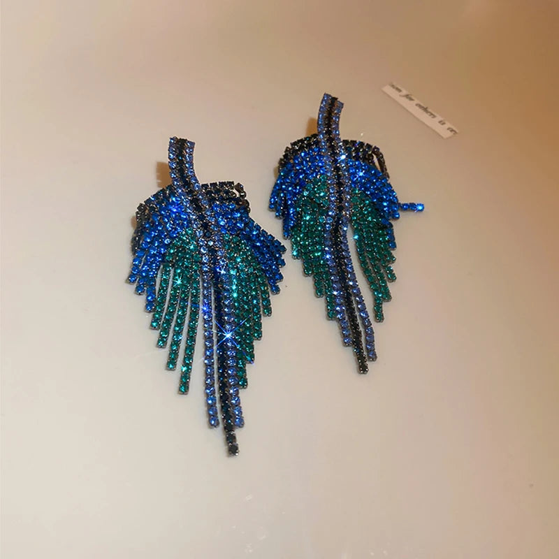 Brincos Longos Femininos com Franjas de Strass – Design Geométrico Azul, Acessório Fashion