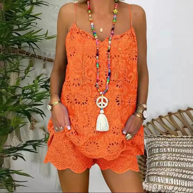 Conjunto Feminino Casual 2 Peças – Regata Bordada e Shorts com Babados