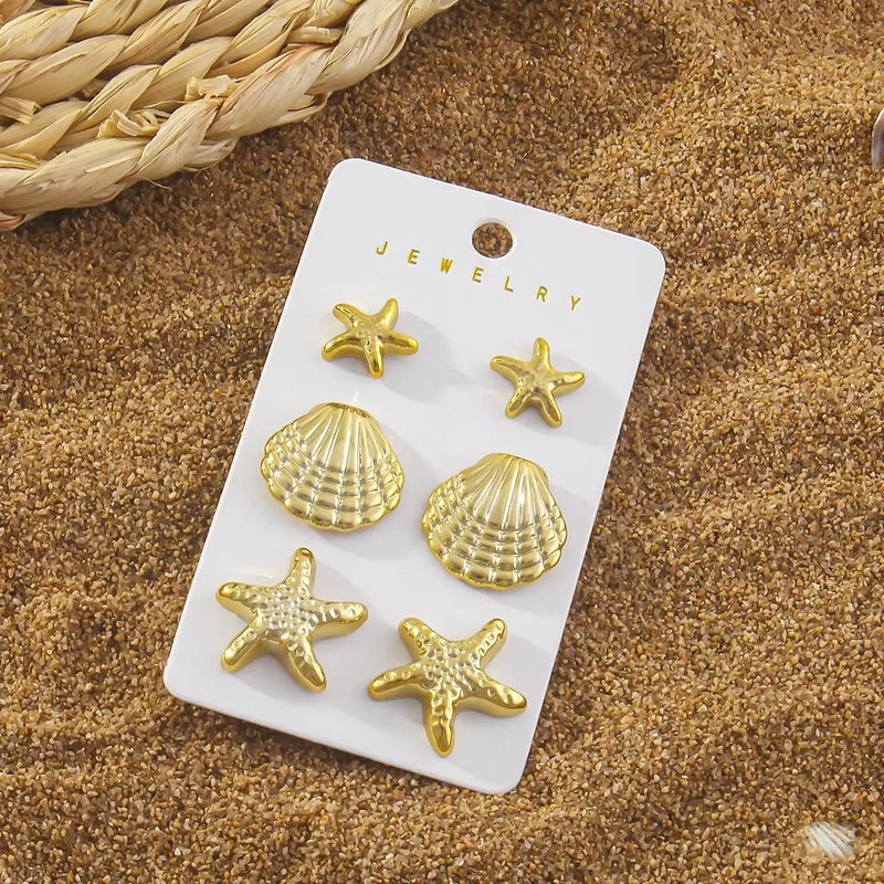 Conjunto de 6 Brincos Stud Estrela-do-Mar e Concha – Moda Verão, Jóias de Praia para Mulheres