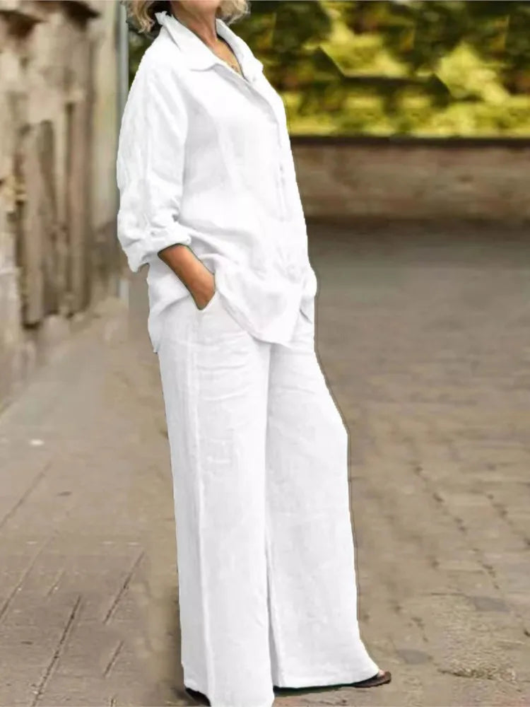Conjunto Feminino de Algodão e Linho – Blusa de Manga Longa e Calça Pantalona Conjunto elegante e confortável para primavera e outono, composto por blusa de manga longa e calça de perna larga em algodão e linho