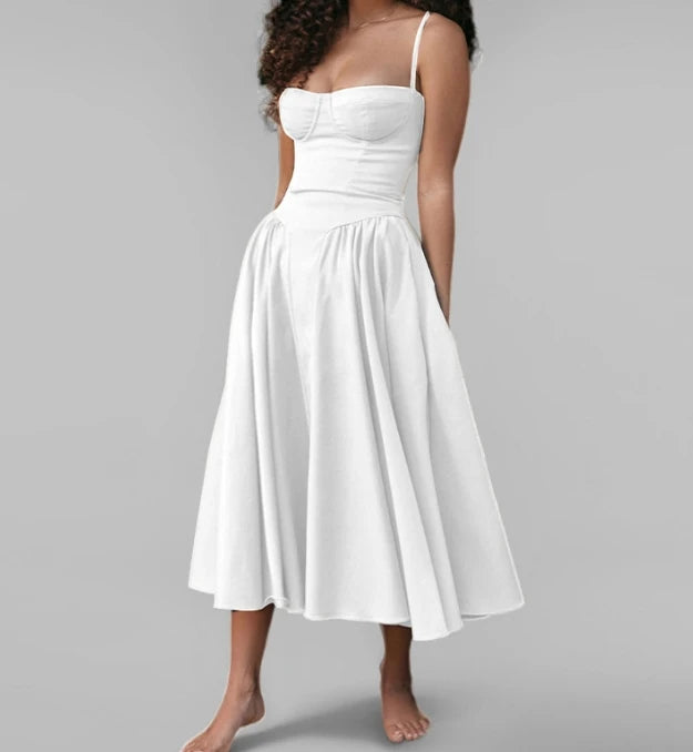 Vestido Feminino Verão 2025 – Longo, Elegante, Retrô, Cor Sólida com Cinto