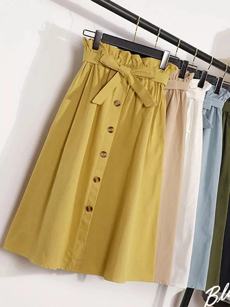 Saia Midi Feminina – Cintura Alta, Botões e Plissada Estilo Coreano
