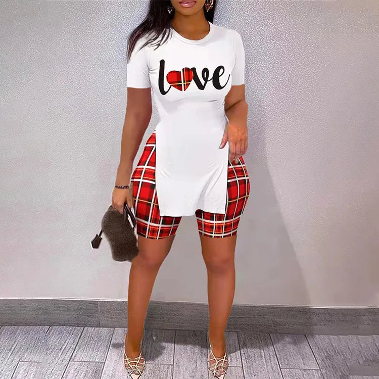 Conjunto Feminino Casual de Verão – T-Shirt Slim de Manga Curta + Shorts Estampados, Conjunto 2 Peças com Shorts Estreitos Estilo Leopardo