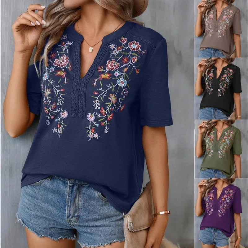 Blusa Feminina de Renda Bordada com Manga Curta – Decote V – Streetwear Floral Casual – Verão 2026