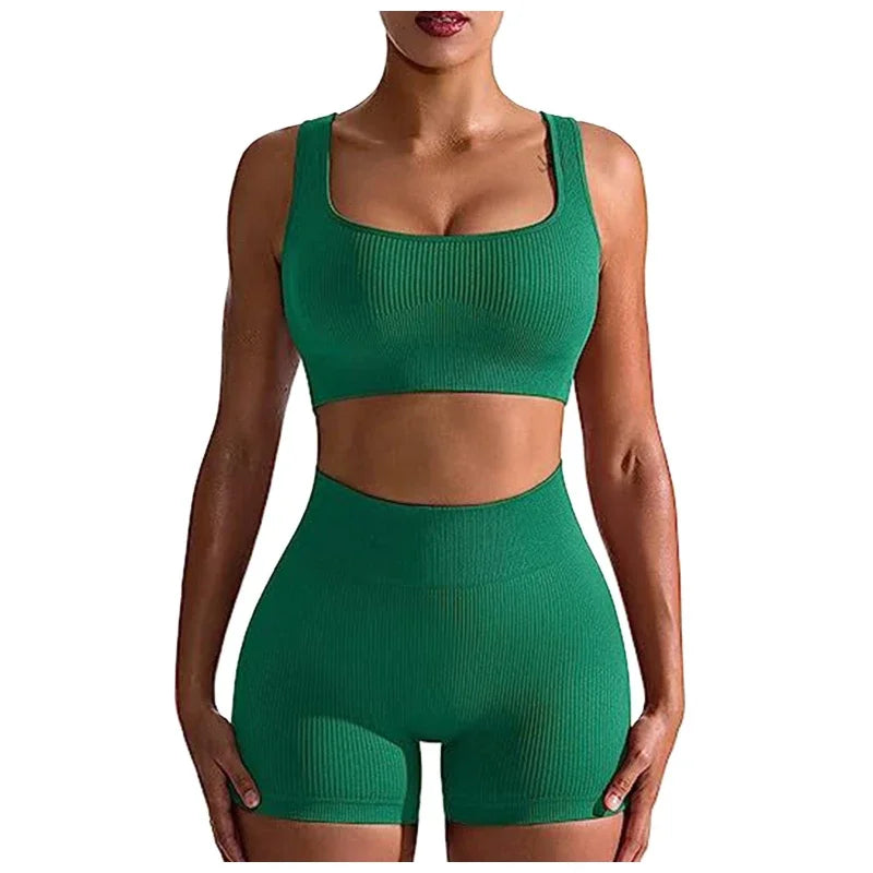 Conjunto Fitness Feminino 2025 – Top Cropped e Shorts de Cintura Alta