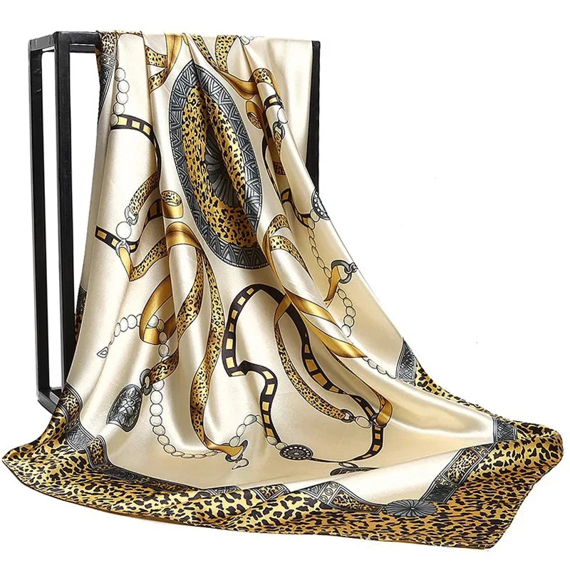 Lenço Quadrado Feminino 90x90cm – Cetim Toque de Seda, Estampado Fashion, Echarpe/Scarf/ Bandana de Luxo