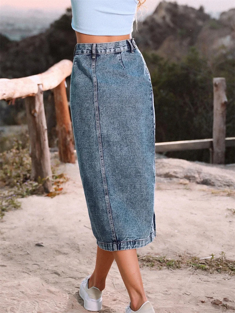 Saia Jeans Longa Feminina – Maxi, Vintage, Fenda Lateral