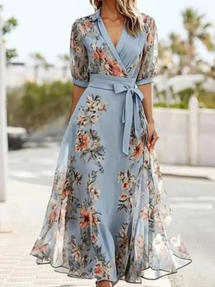 Vestido Feminino Elegante Estampa Fashion Manga Curta Decote V Cintura Alta Lace-Up Casual/Office