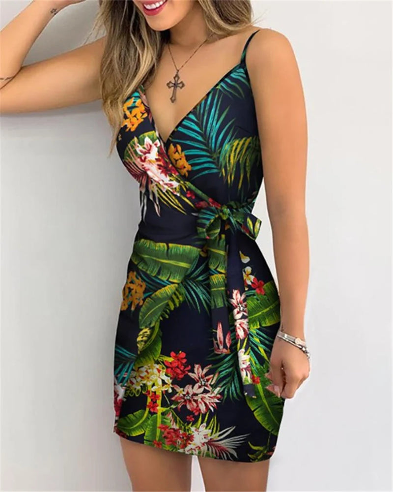 Vestido Bodycon Feminino com Alças Finas e Decote V – Ajuste Slim com Cinto de Cintura, Ideal para Festa e Cocktail de Verão