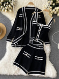 Conjunto Casual Feminino SINGREINY – 3 Peças de Outono: Cardigan de Manga Longa + Blusa de Alça Fina de Botão Único + Shorts de Cintura Alta e Elástico