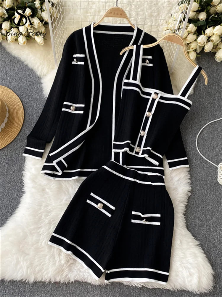 Conjunto Casual Feminino SINGREINY – 3 Peças de Outono: Cardigan de Manga Longa + Blusa de Alça Fina de Botão Único + Shorts de Cintura Alta e Elástico