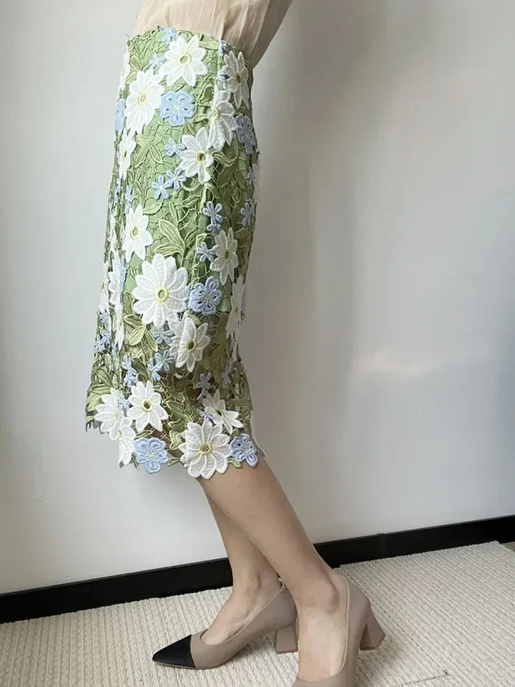 Saia Lápis Feminina JIAMI – Renda Bordada Floral, Verde, Comprimento ao Joelho, A-line, Vintage, Elegante